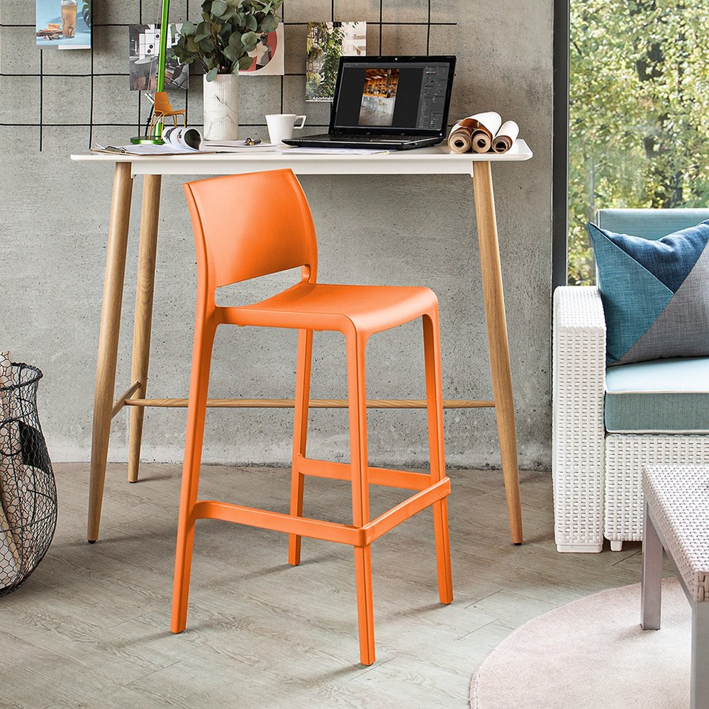 Set of Two 30" Orange Heavy Duty Plastic Low Back Outdoor Bar Height Chairs