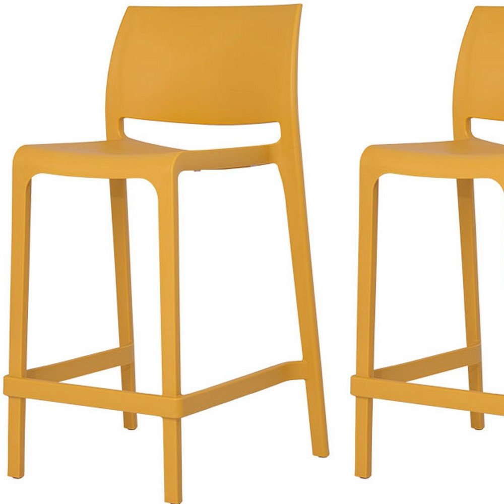 Set of Two 26" Gold and Yellow Heavy Duty Plastic Low Back Outdoor Counter Height Bar Chairs