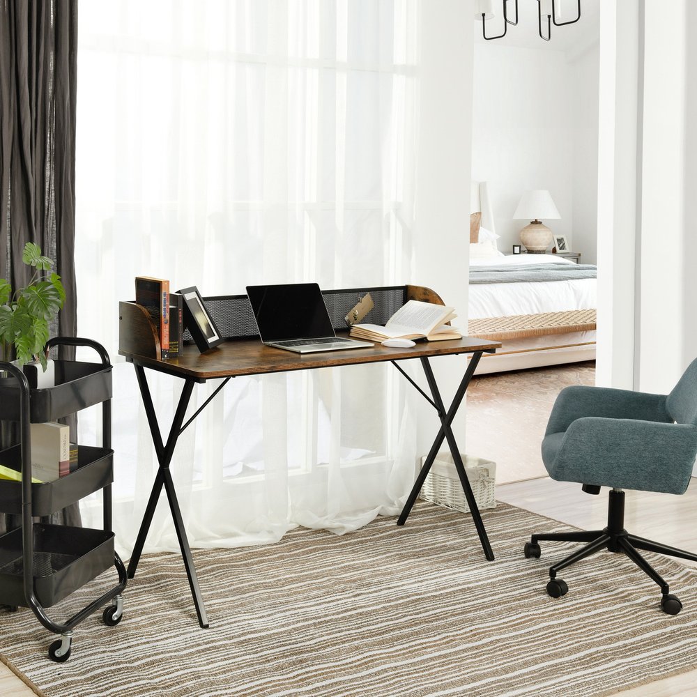 47" Brown and Black Wood and Metal X-Shape Computer Desk