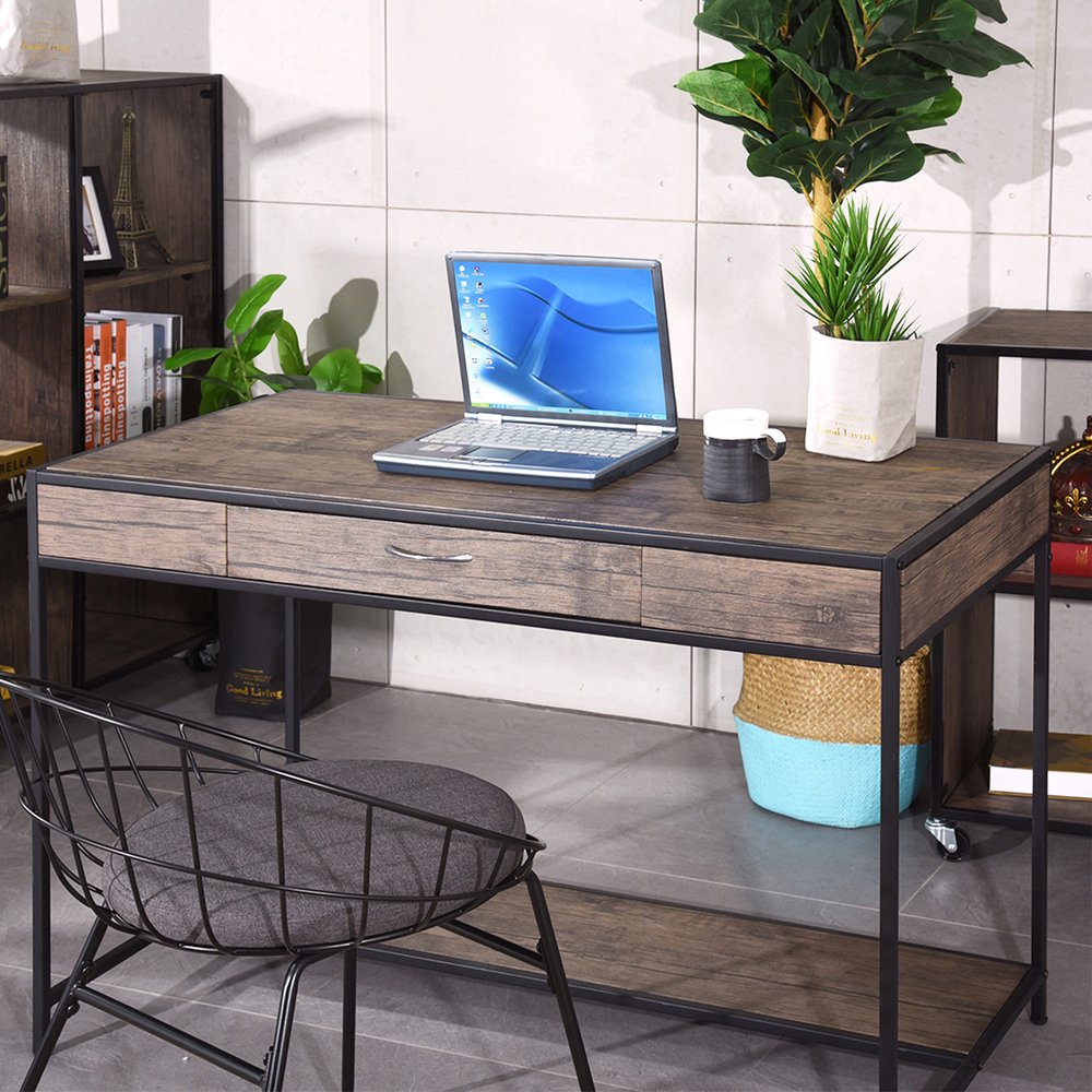 43" Brown and Black Wood and Metal H-Shape Computer Desk