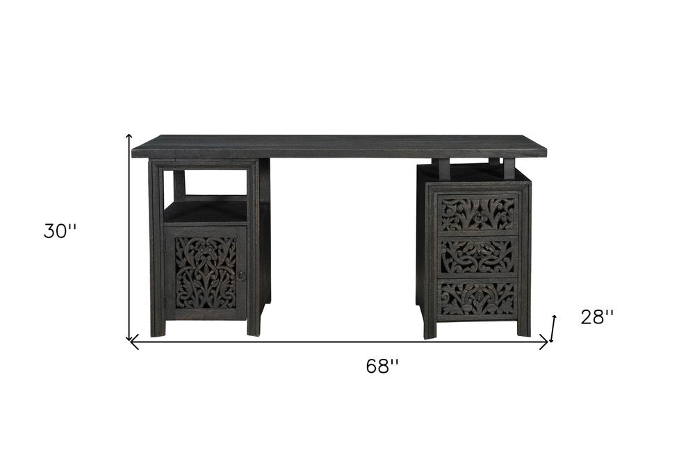 68" Black Carved Floral Scroll Solid Wood Computer Desk With Three Drawers