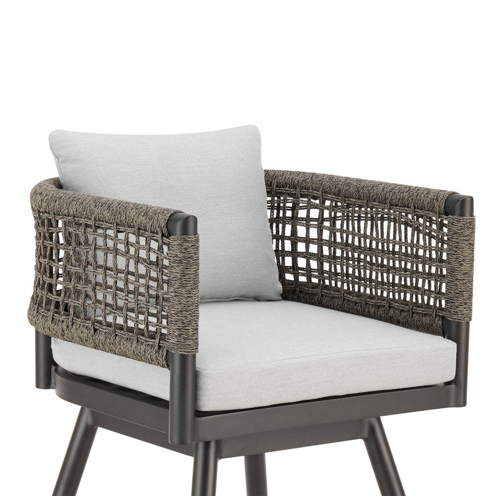 30" Black and Light Gray Aluminum Swivel Rope Back Outdoor Bar Height Chair with Footrest
