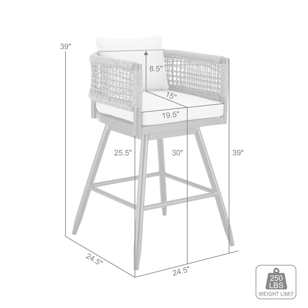 30" Black and Light Gray Aluminum Swivel Rope Back Outdoor Bar Height Chair with Footrest