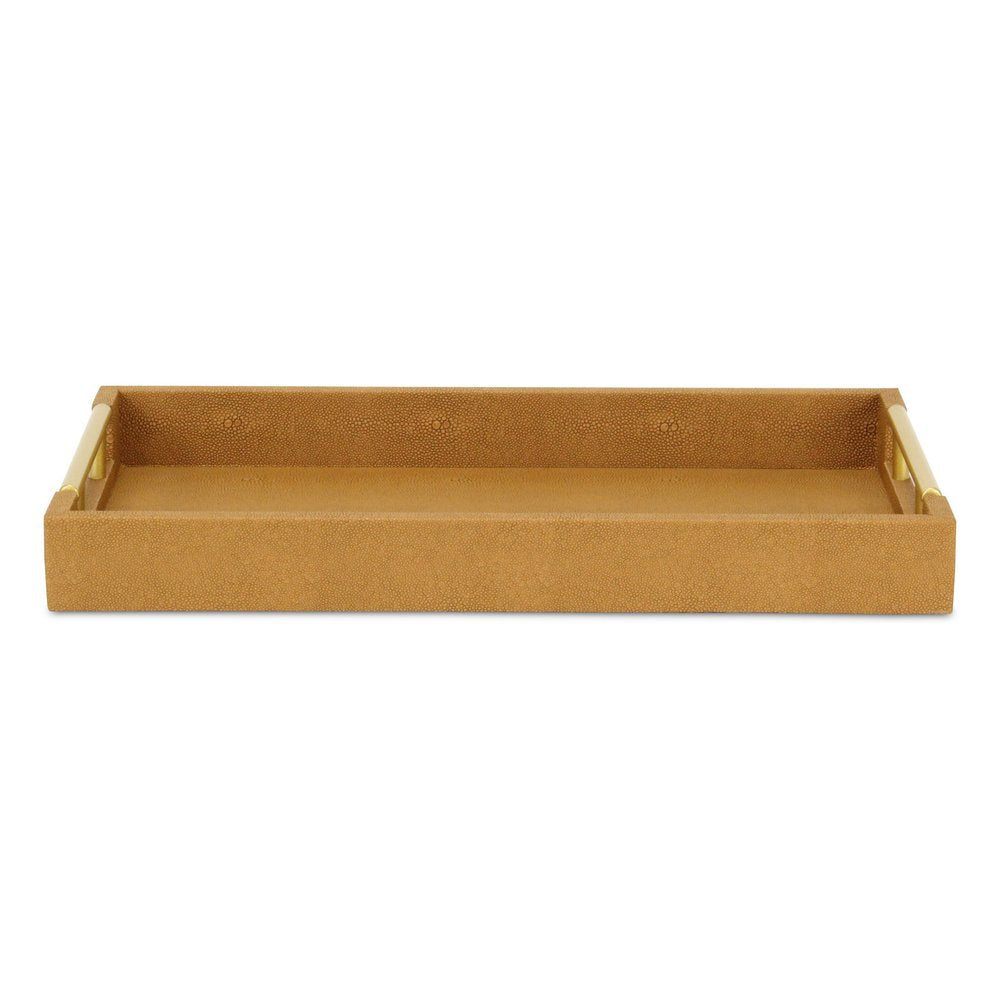 16" Camel Brown Wood Faux Shagreen Serving Tray With Handles
