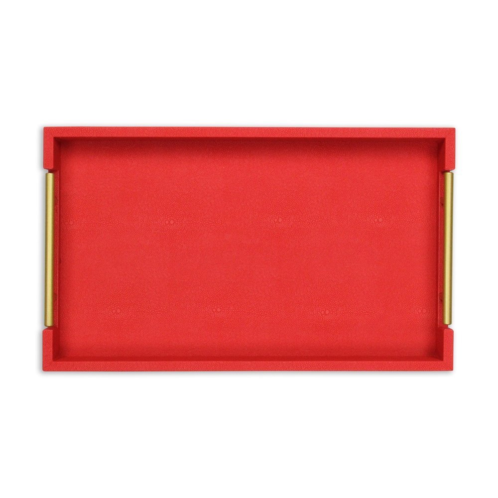 16" Red Wood and Vinyl Faux Shagreen Handmade Serving Tray With Handles