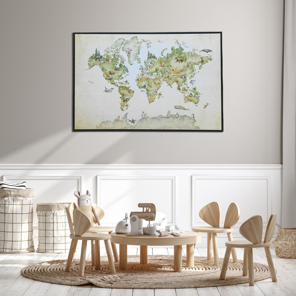 Animal World Map Black Floater Frame Print Wall Art
