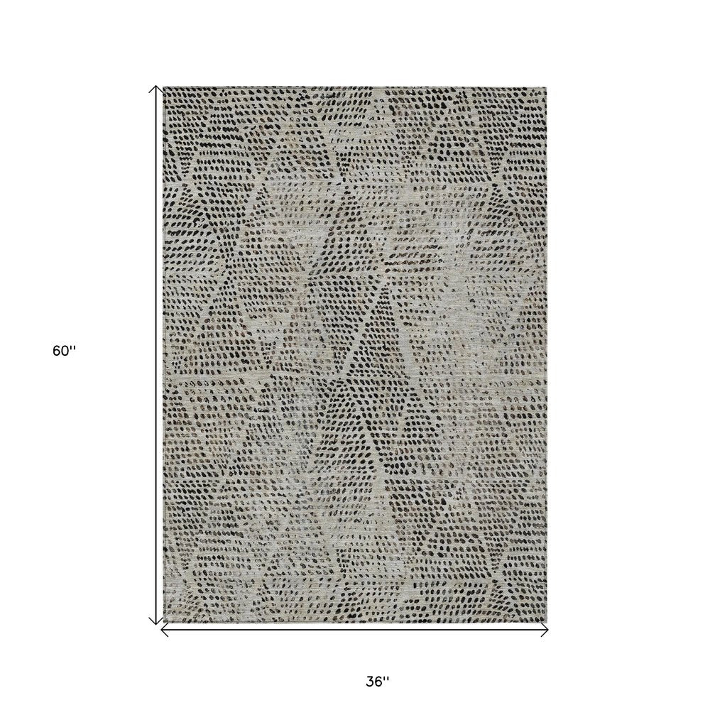 3' X 5' Gray Beige And Black Geometric Washable Indoor Outdoor Area Rug
