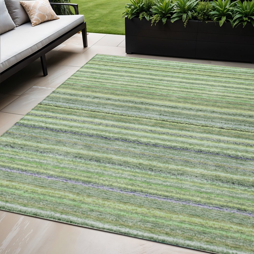 3' X 5' Artichoke Green And Olive Green Striped Washable Indoor Outdoor Area Rug