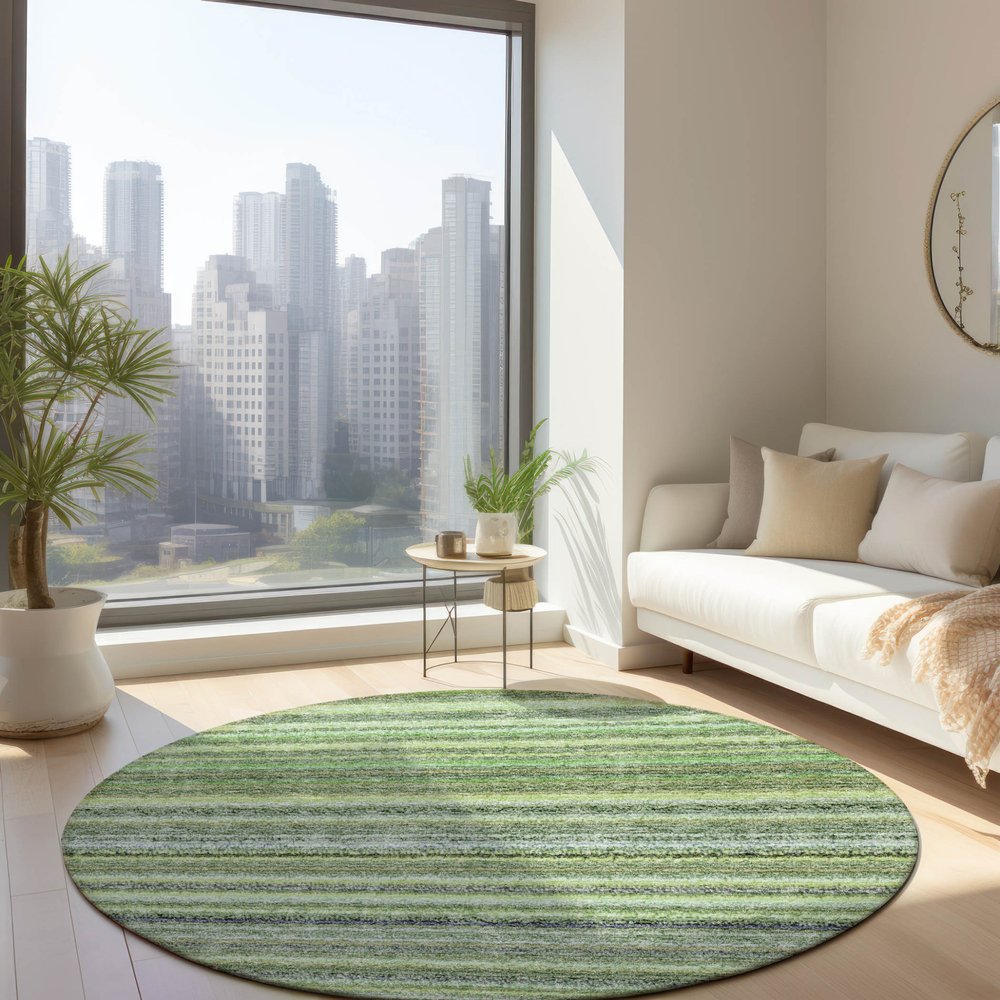 3' X 5' Artichoke Green And Olive Green Striped Washable Indoor Outdoor Area Rug