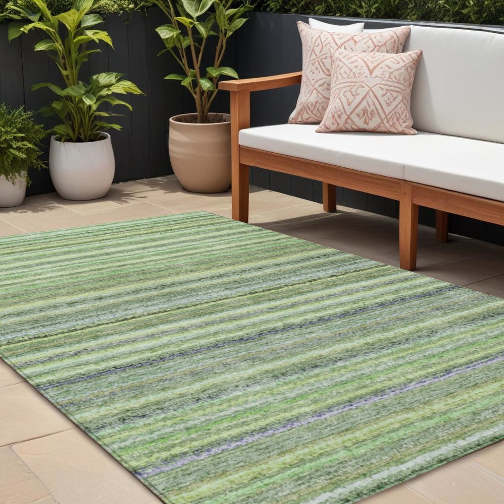 3' X 5' Artichoke Green And Olive Green Striped Washable Indoor Outdoor Area Rug