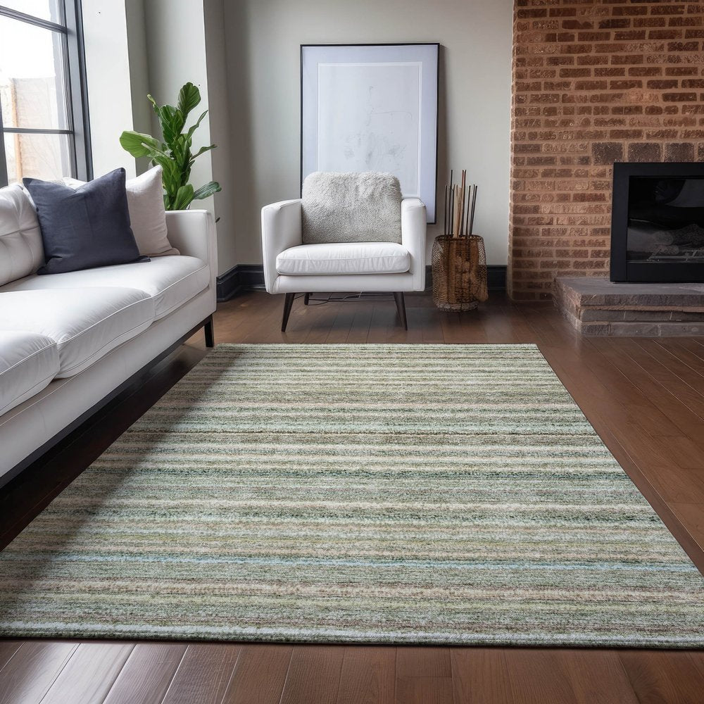 3' X 5' Sage Mint Green And Beige Striped Washable Indoor Outdoor Area Rug