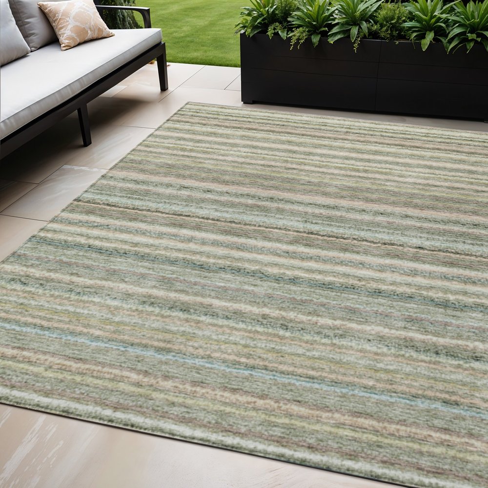 3' X 5' Sage Mint Green And Beige Striped Washable Indoor Outdoor Area Rug