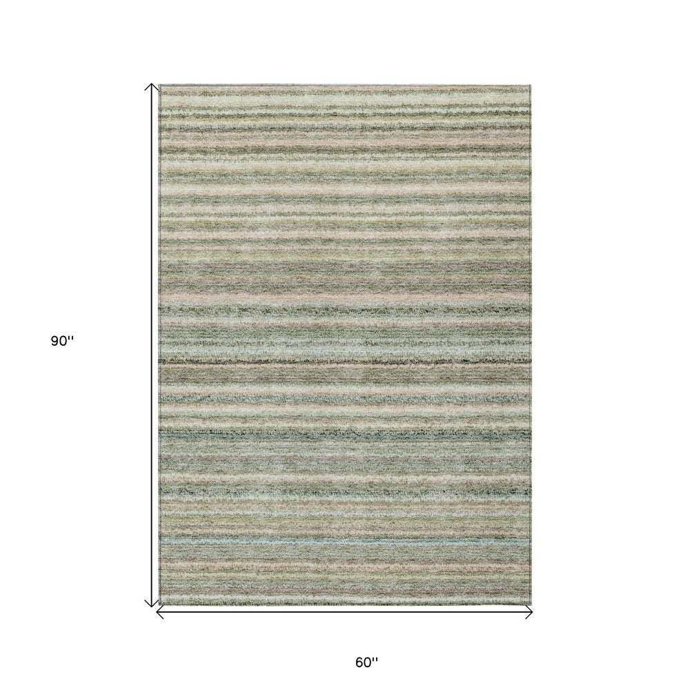 3' X 5' Sage Mint Green And Beige Striped Washable Indoor Outdoor Area Rug