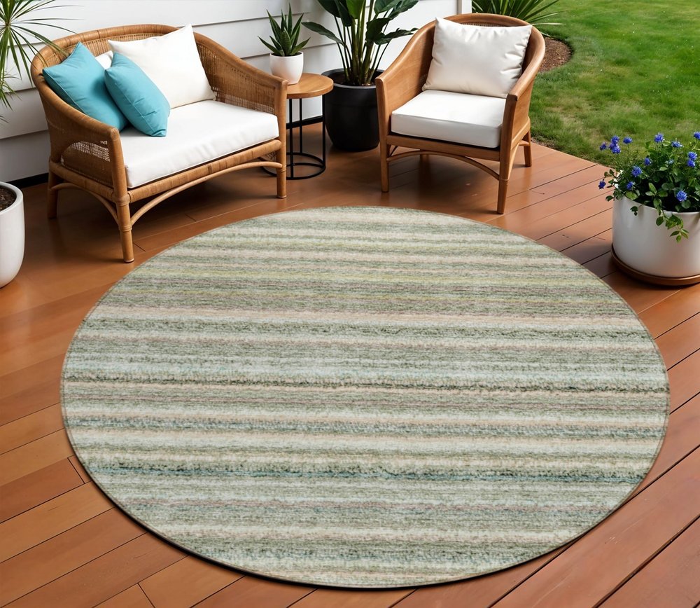3' X 5' Sage Mint Green And Beige Striped Washable Indoor Outdoor Area Rug