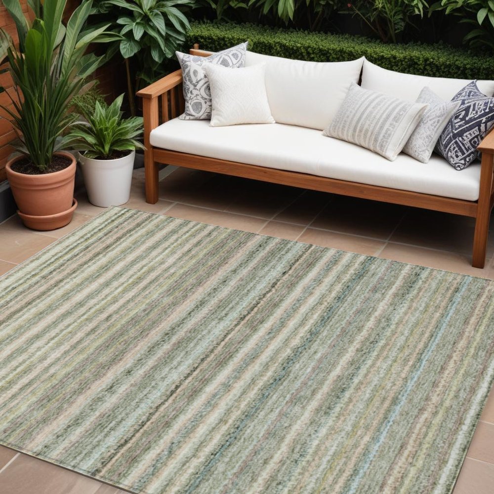 3' X 5' Sage Mint Green And Beige Striped Washable Indoor Outdoor Area Rug