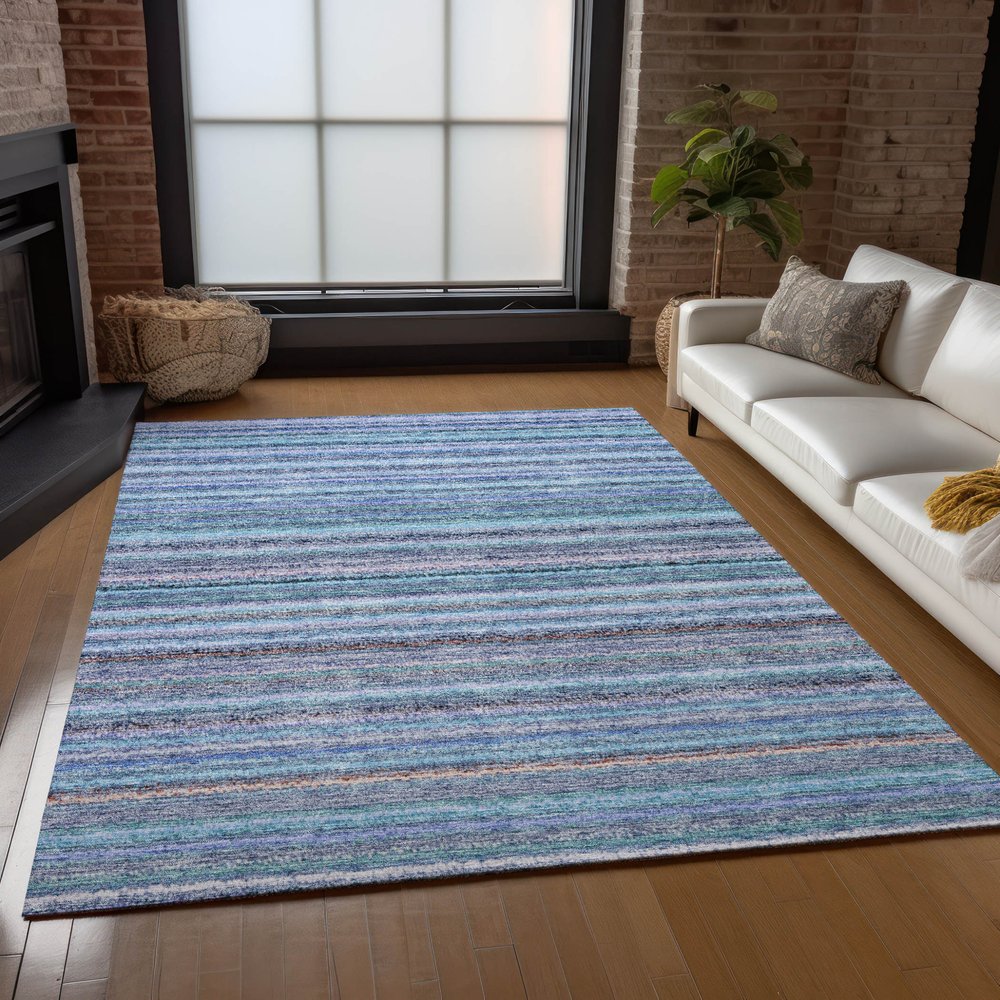 3' X 5' Sky Blue And Navy Blue Striped Washable Indoor Outdoor Area Rug