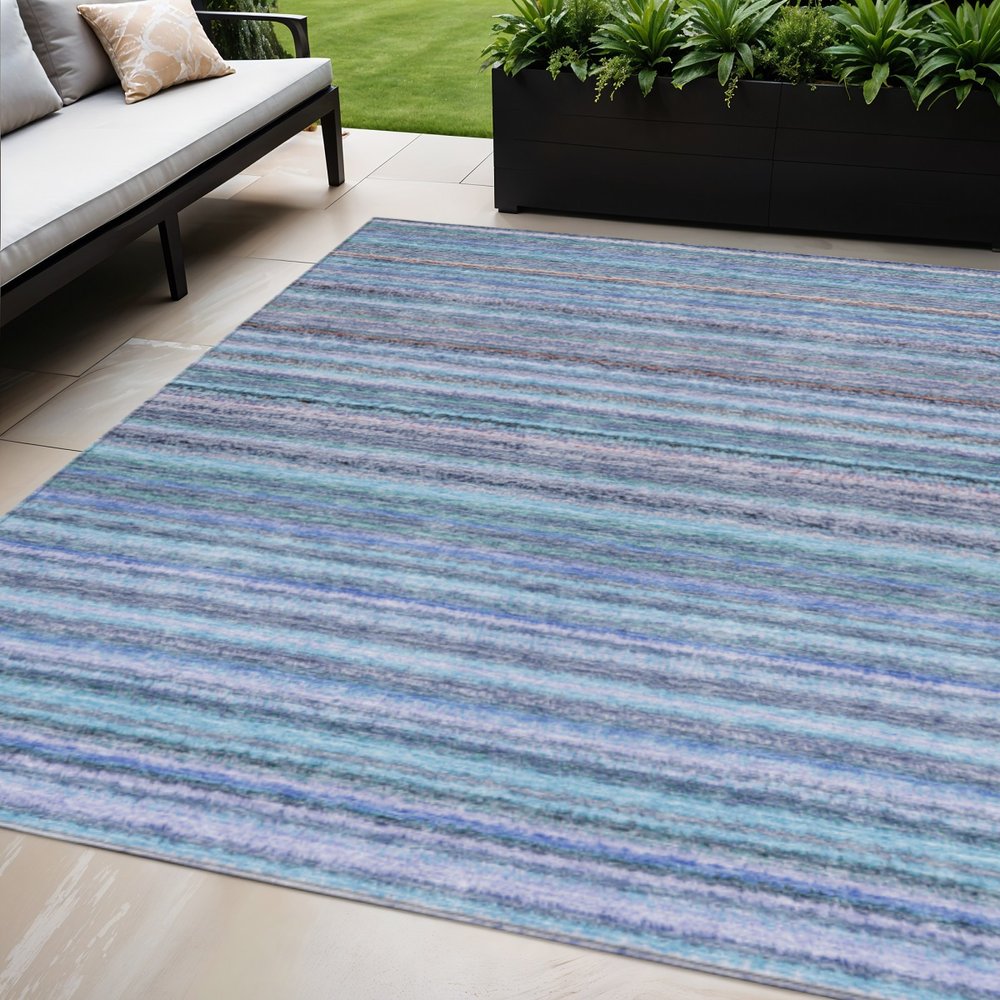 3' X 5' Sky Blue And Navy Blue Striped Washable Indoor Outdoor Area Rug