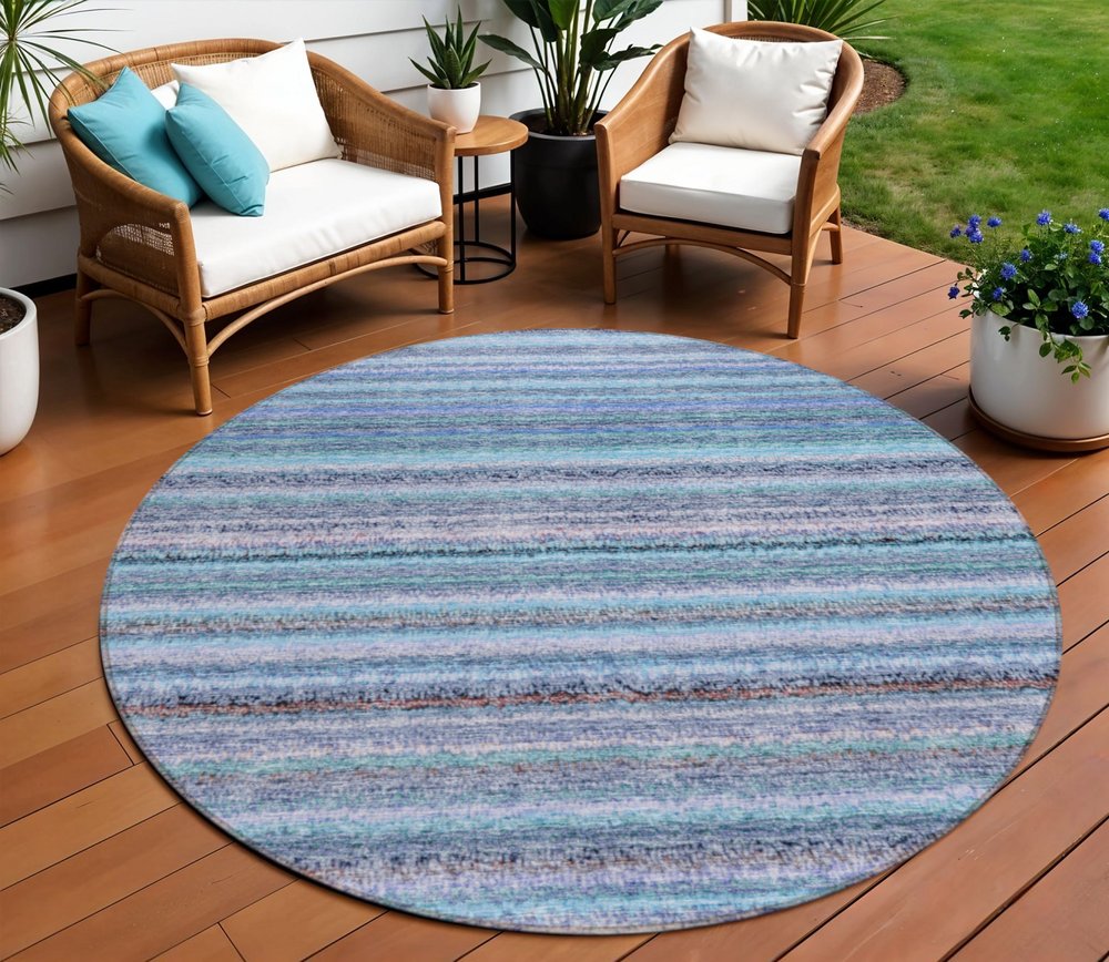 3' X 5' Sky Blue And Navy Blue Striped Washable Indoor Outdoor Area Rug