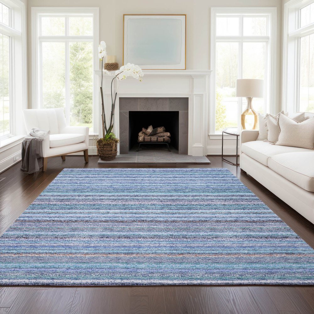 3' X 5' Sky Blue And Navy Blue Striped Washable Indoor Outdoor Area Rug