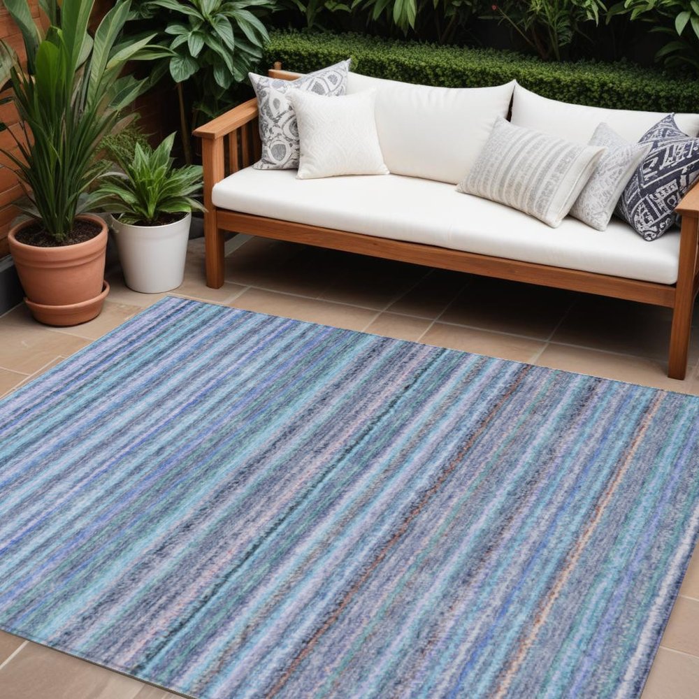 3' X 5' Sky Blue And Navy Blue Striped Washable Indoor Outdoor Area Rug