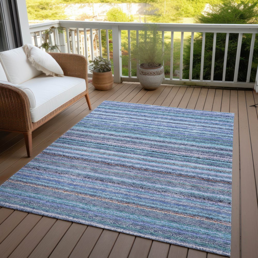 3' X 5' Sky Blue And Navy Blue Striped Washable Indoor Outdoor Area Rug