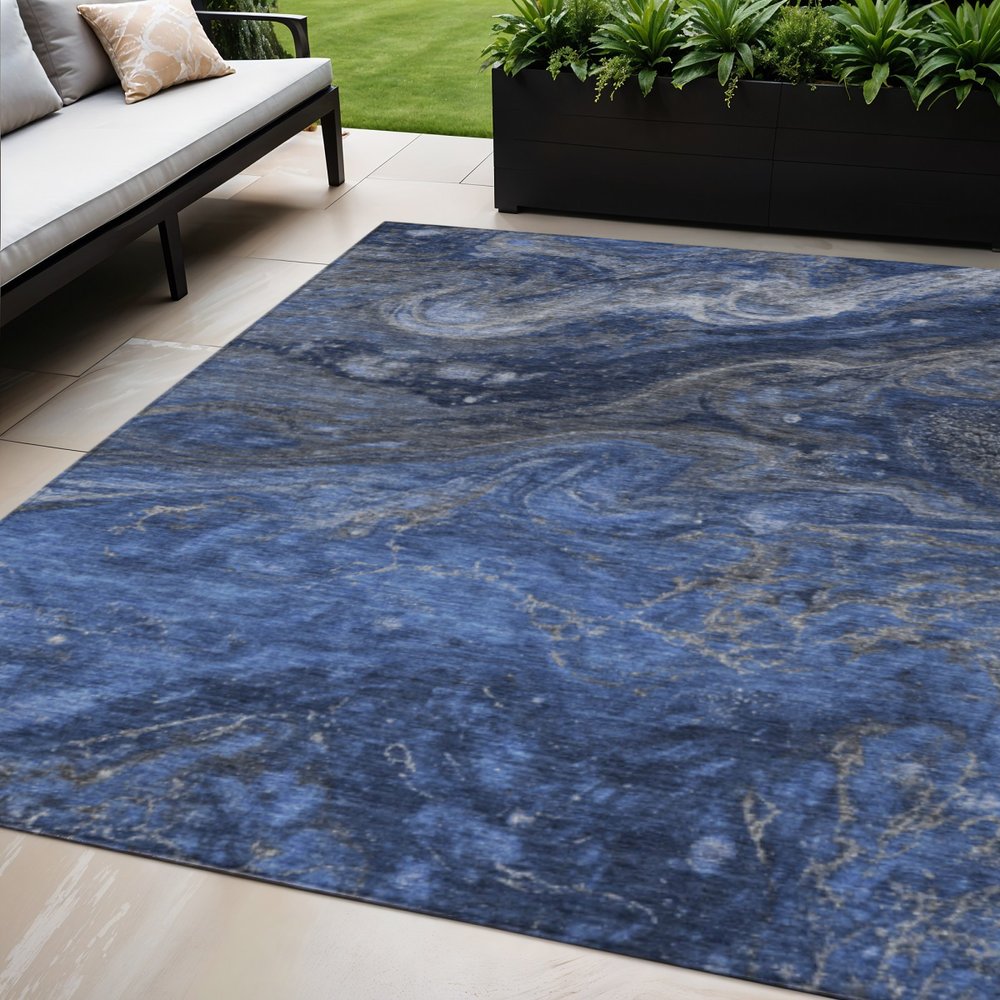 3' X 5' Denim Blue And Sky Blue Abstract Washable Indoor Outdoor Area Rug