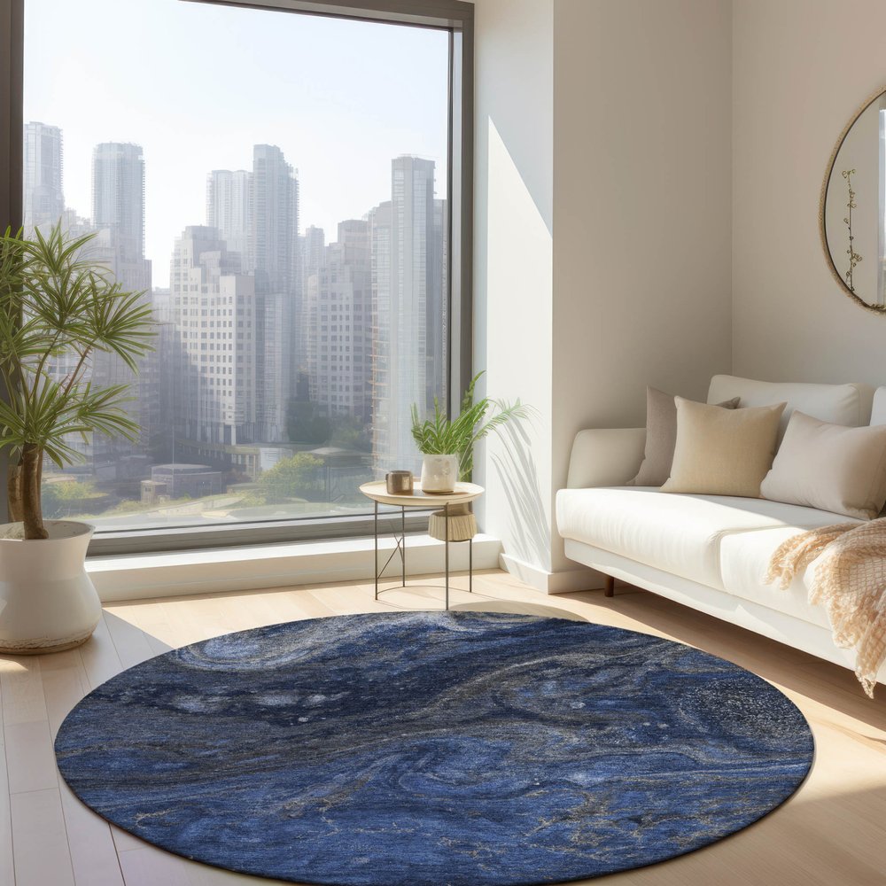3' X 5' Denim Blue And Sky Blue Abstract Washable Indoor Outdoor Area Rug