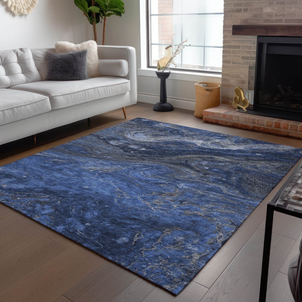 3' X 5' Denim Blue And Sky Blue Abstract Washable Indoor Outdoor Area Rug