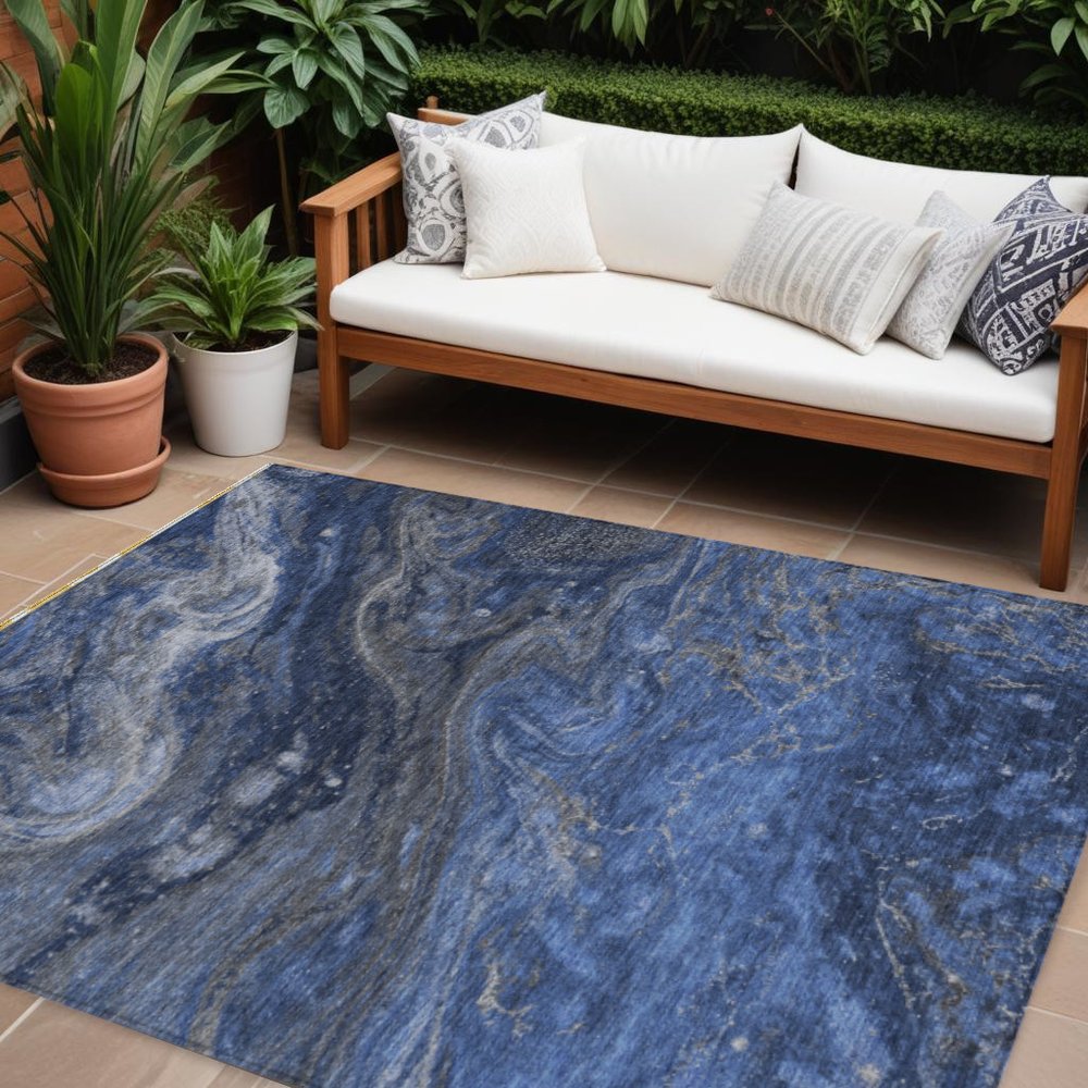3' X 5' Denim Blue And Sky Blue Abstract Washable Indoor Outdoor Area Rug