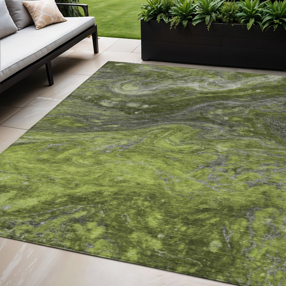 3' X 5' Olive Green And Lime Green Abstract Washable Indoor Outdoor Area Rug