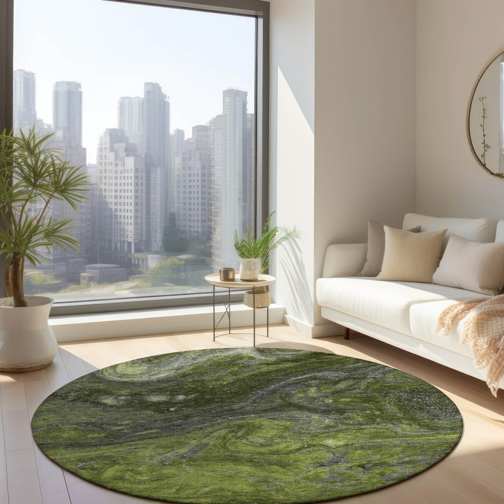 3' X 5' Olive Green And Lime Green Abstract Washable Indoor Outdoor Area Rug