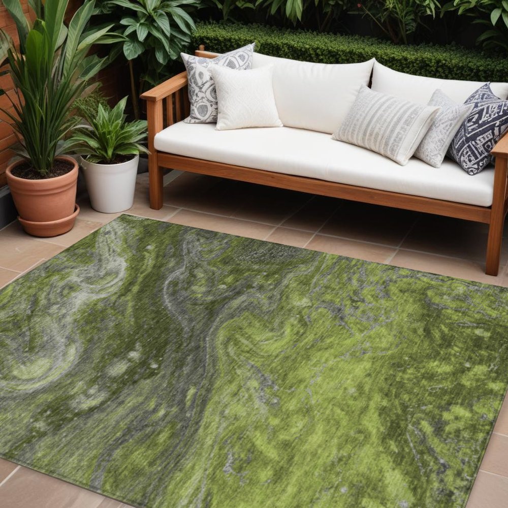 3' X 5' Olive Green And Lime Green Abstract Washable Indoor Outdoor Area Rug