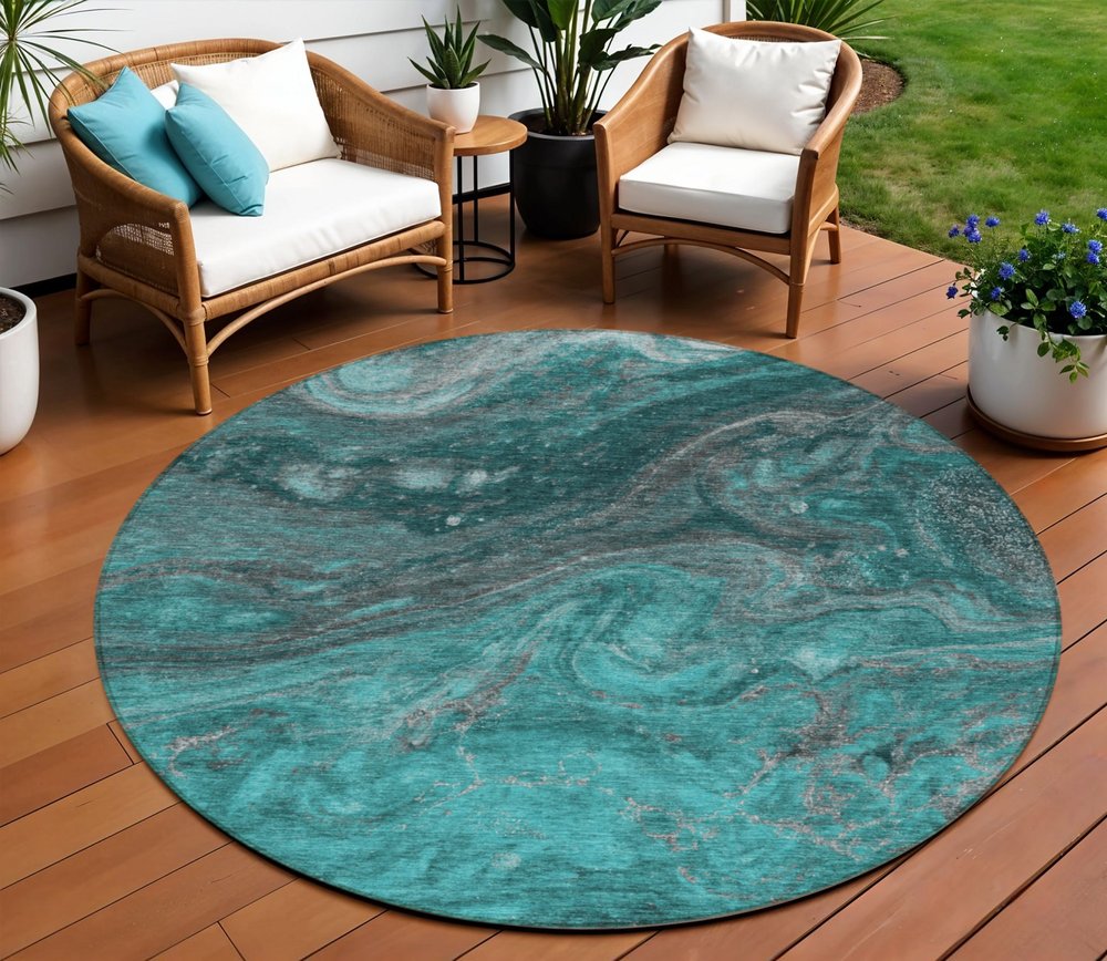 3' X 5' Teal Blue Aqua And Gray Abstract Washable Indoor Outdoor Area Rug