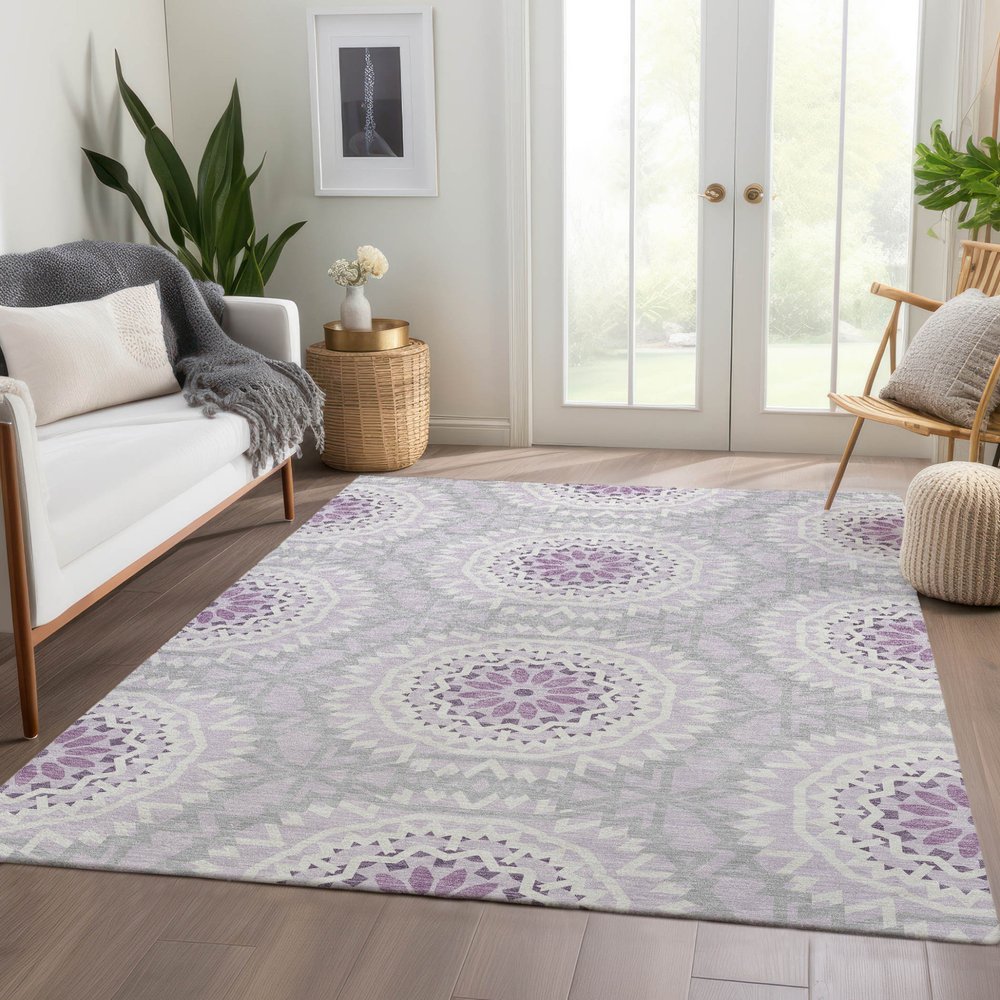 8' X 10' Lilac Purple And Ivory Floral Medallion Washable Indoor Outdoor Area Rug