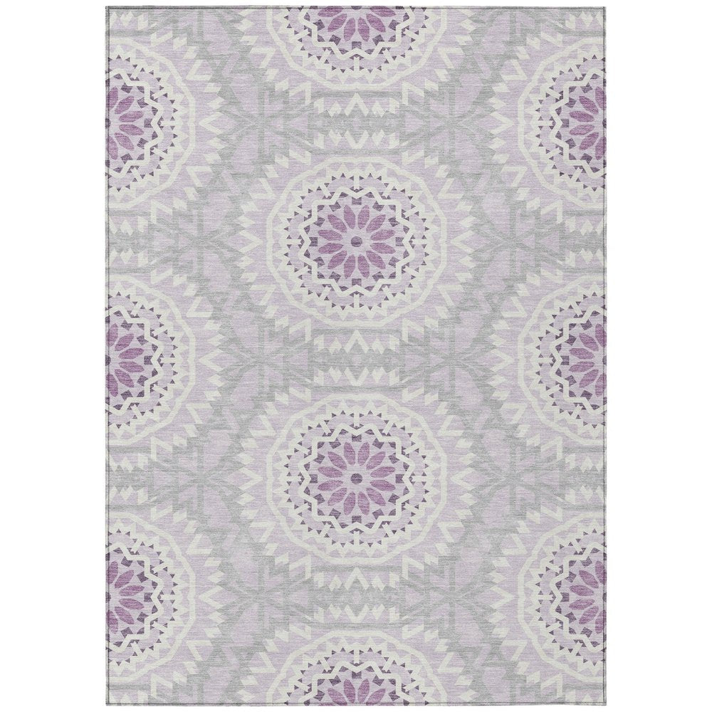 8' X 10' Lilac Purple And Ivory Floral Medallion Washable Indoor Outdoor Area Rug
