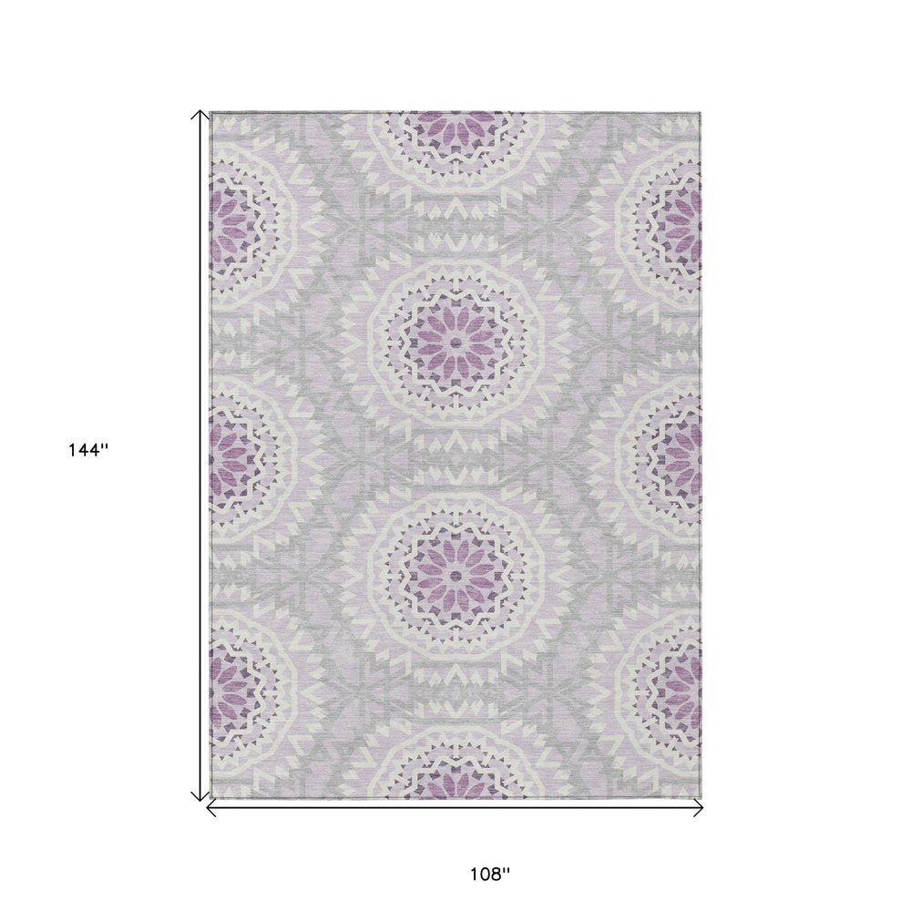 8' X 10' Lilac Purple And Ivory Floral Medallion Washable Indoor Outdoor Area Rug