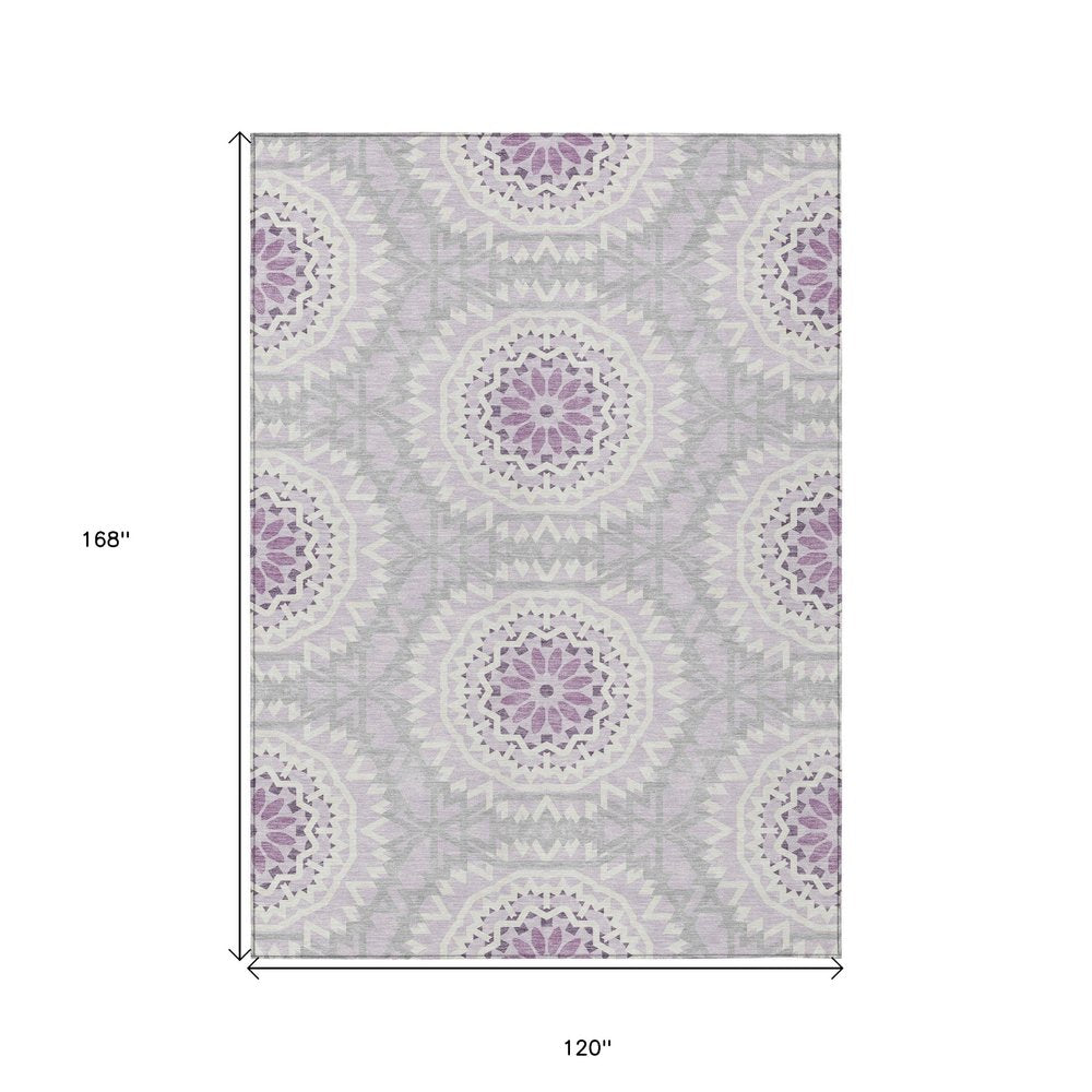 8' X 10' Lilac Purple And Ivory Floral Medallion Washable Indoor Outdoor Area Rug
