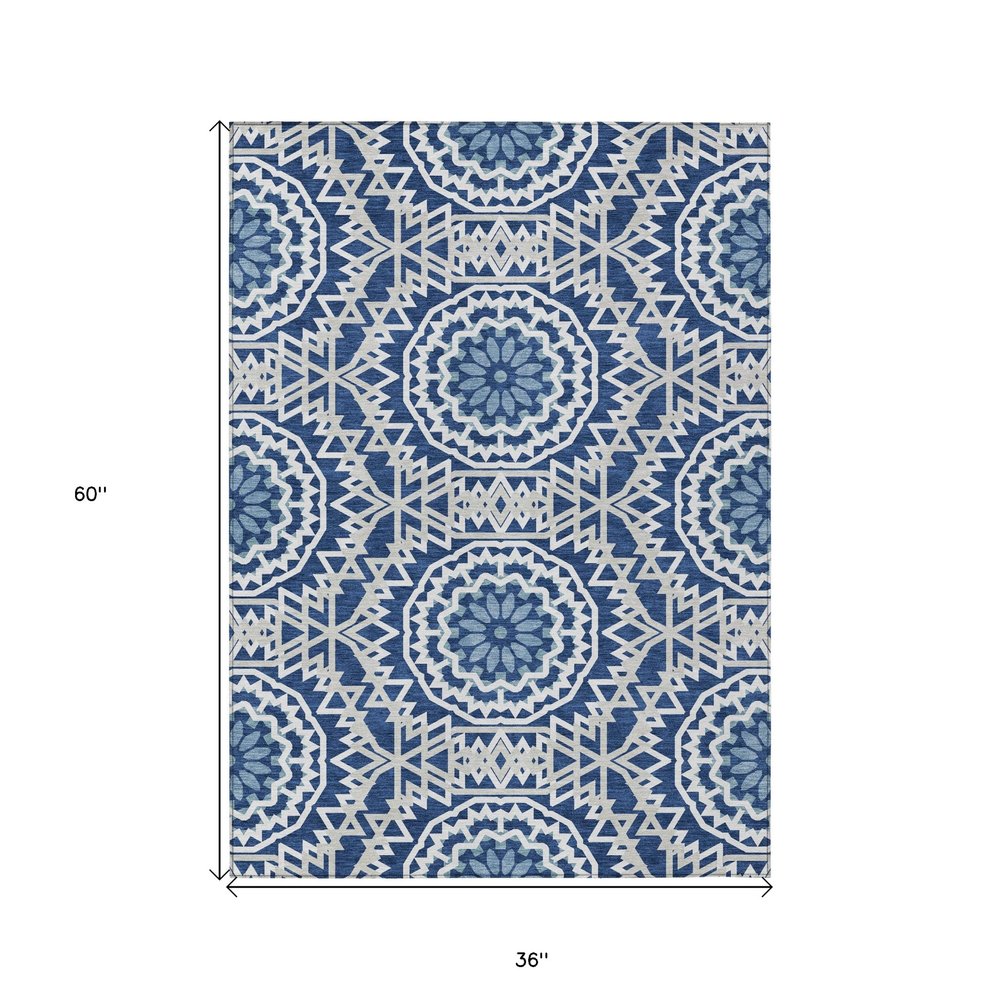 3' X 5' Navy Blue Ivory And Gray Floral Medallion Washable Indoor Outdoor Area Rug