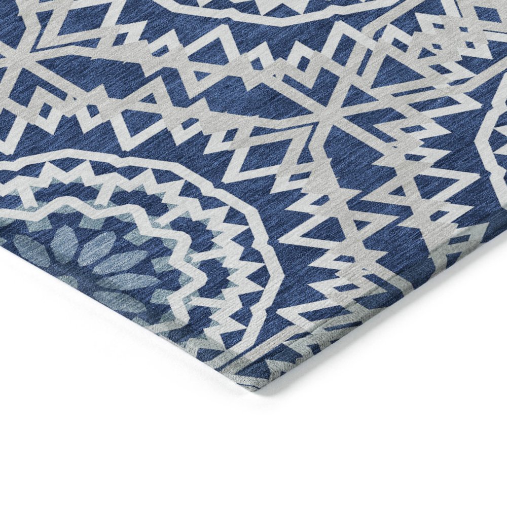 3' X 5' Navy Blue Ivory And Gray Floral Medallion Washable Indoor Outdoor Area Rug