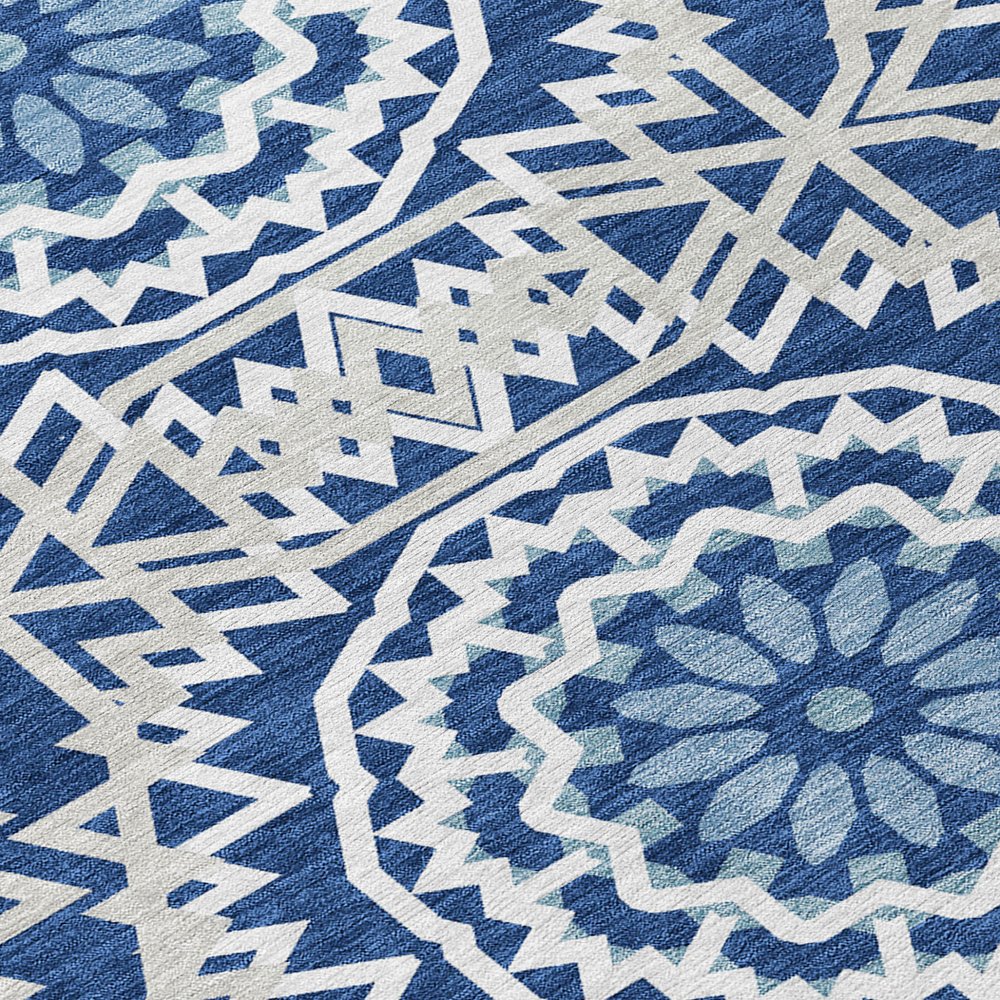 3' X 5' Navy Blue Ivory And Gray Floral Medallion Washable Indoor Outdoor Area Rug