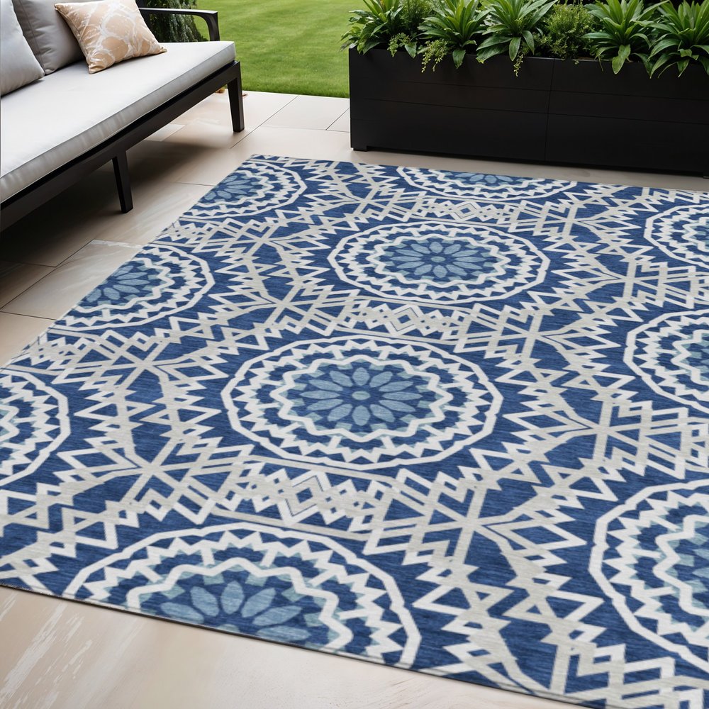 3' X 5' Navy Blue Ivory And Gray Floral Medallion Washable Indoor Outdoor Area Rug