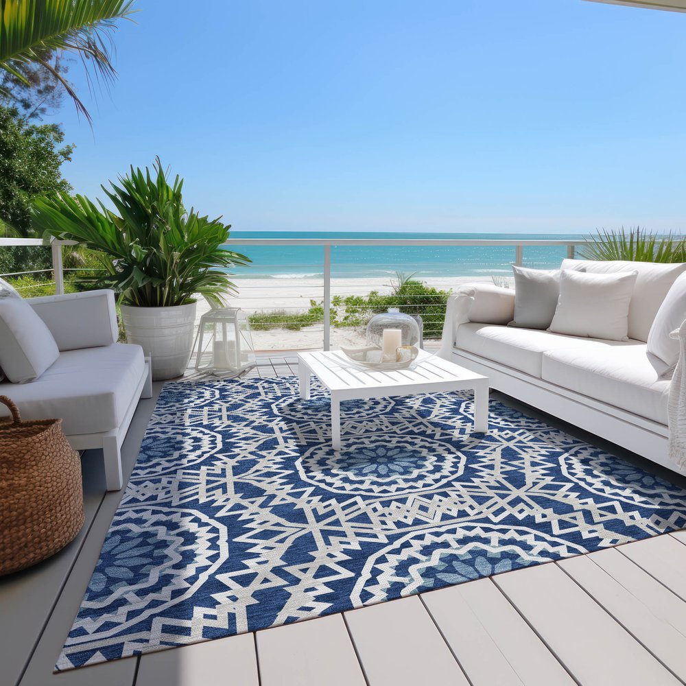 3' X 5' Navy Blue Ivory And Gray Floral Medallion Washable Indoor Outdoor Area Rug