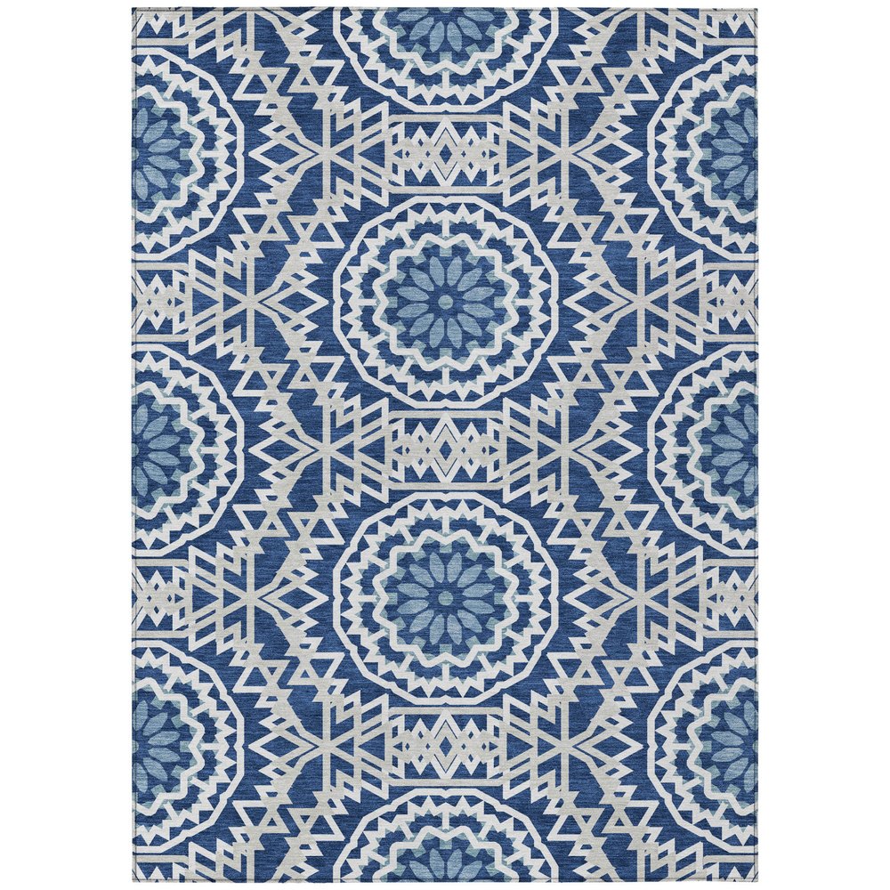 3' X 5' Navy Blue Ivory And Gray Floral Medallion Washable Indoor Outdoor Area Rug