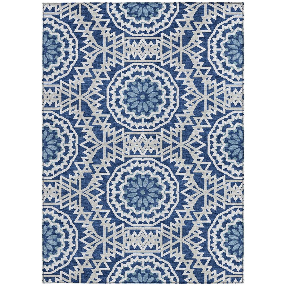 3' X 5' Navy Blue Ivory And Gray Floral Medallion Washable Indoor Outdoor Area Rug