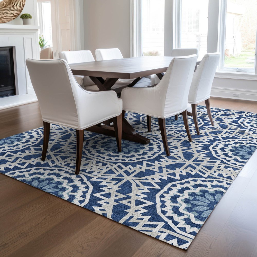 3' X 5' Navy Blue Ivory And Gray Floral Medallion Washable Indoor Outdoor Area Rug