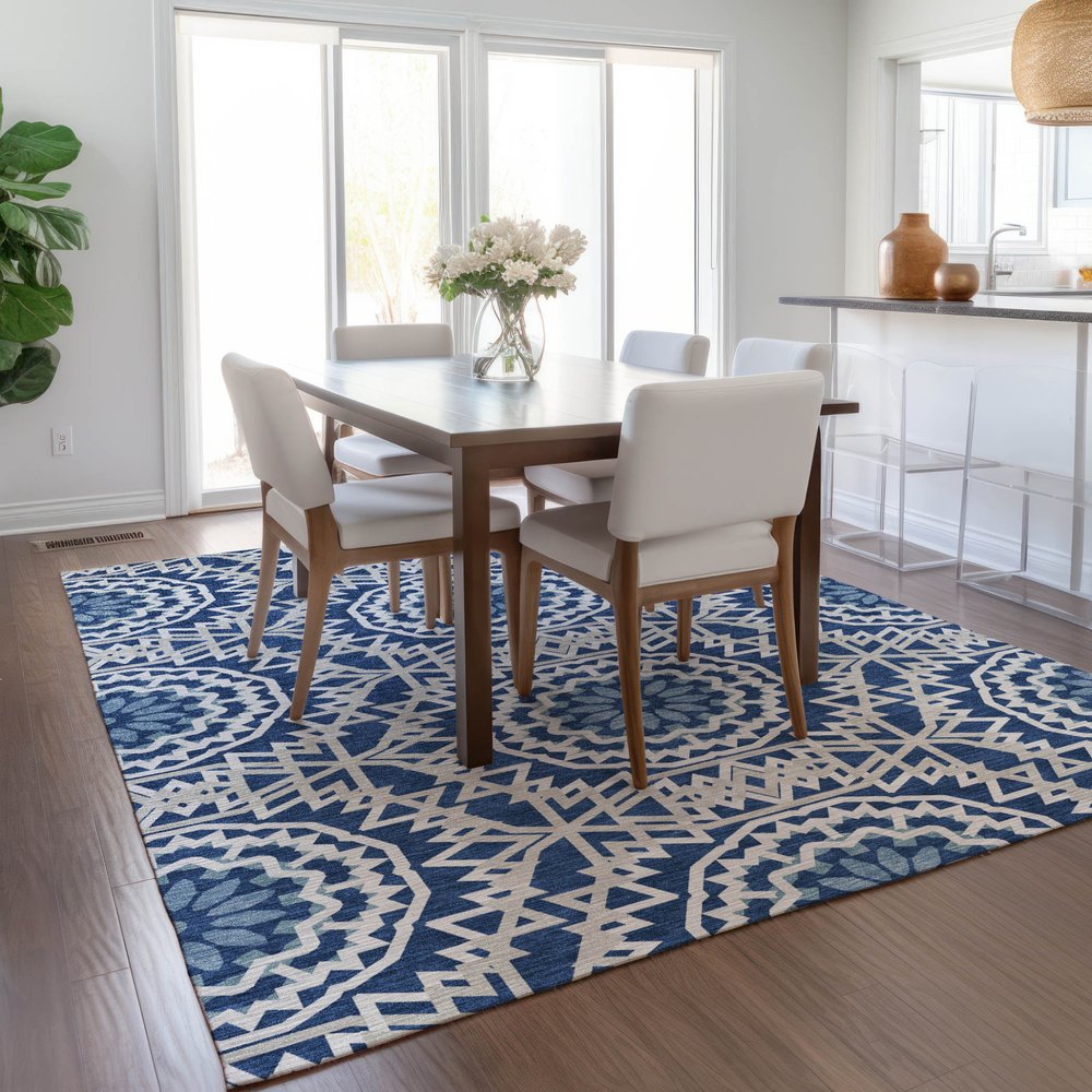 3' X 5' Navy Blue Ivory And Gray Floral Medallion Washable Indoor Outdoor Area Rug