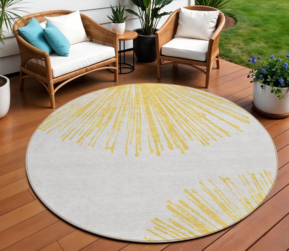 5' X 8' Gold And Ivory Abstract Washable Indoor Outdoor Area Rug