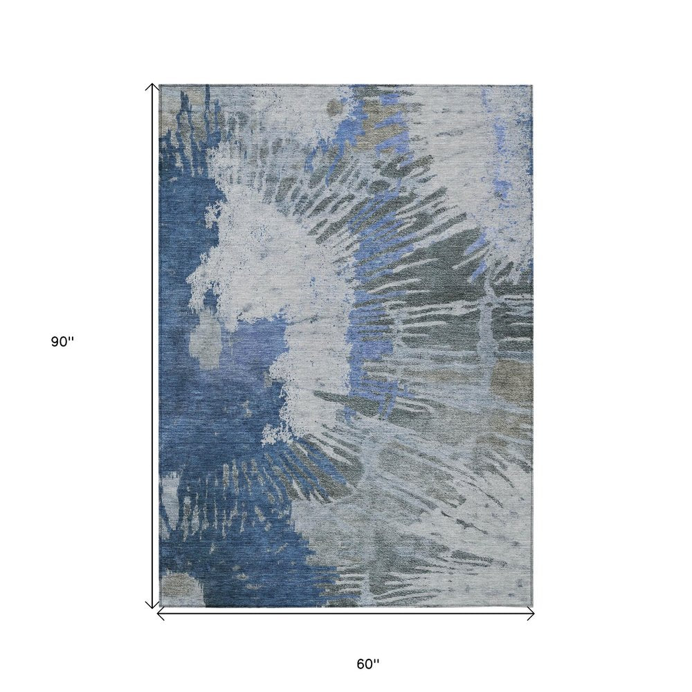 3' X 5' Denim Blue And Navy Blue Abstract Washable Indoor Outdoor Area Rug
