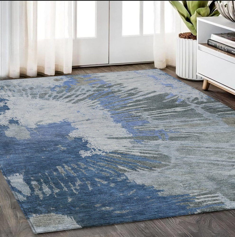 3' X 5' Denim Blue And Navy Blue Abstract Washable Indoor Outdoor Area Rug