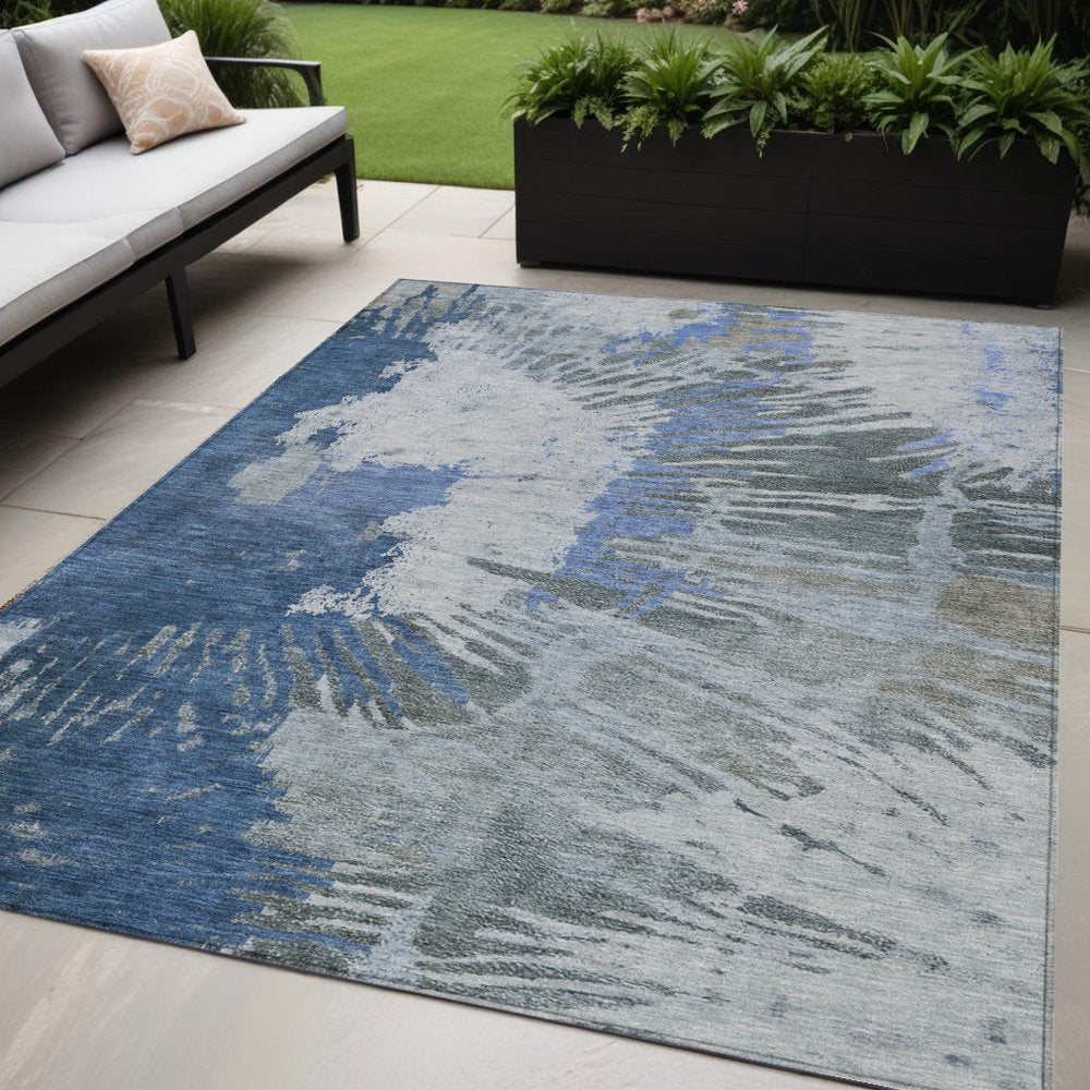 3' X 5' Denim Blue And Navy Blue Abstract Washable Indoor Outdoor Area Rug